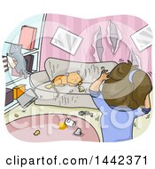 Poster, Art Print Of Cartoon Woman Stressed Out Over Damage Caused By Her Cats