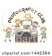 Clipart Of A Group Of Sketched Children By A Camera With Photography Club Text Royalty Free Vector Illustration
