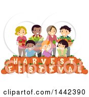 Poster, Art Print Of Group Of Farmers With Produce Over Harvest Festival Text Pumpkins