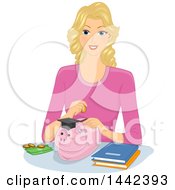 Poster, Art Print Of Blond Caucasian Woman Putting Money In A Piggy Bank For Her College Education