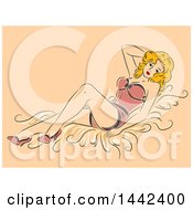 Sketched Retro Blond Pinup Woman Posing In Lingerie