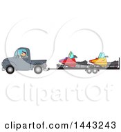 Cartoon Caucasian Man Driving A Truck And Towing Snowmobiles On A Trailer
