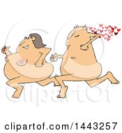 Cartoon Streaking Chubby Nude White Man Chasing A Woman With Hearts