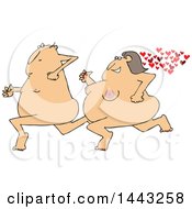 Cartoon Streaking Chubby Nude White Woman Chasing A Man With Hearts