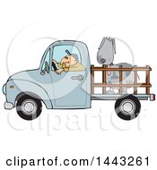 Poster, Art Print Of Cartoon White Man Driving A Blue Pickup Truck And Hauling A Big Dog