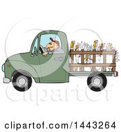 Poster, Art Print Of Cartoon White Man Driving A Green Pickup Truck And Hauling Turkeys