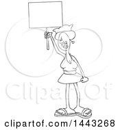 Cartoon Black And White Lineart Angry Woman Shouting Wearing A Pussy Hat And Holding A Blank Sign At The Womens March