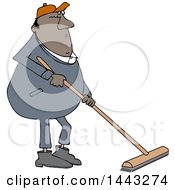 Poster, Art Print Of Cartoon Chubby Black Worker Man Using A Push Broom