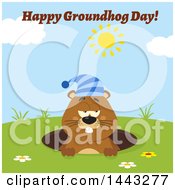 Poster, Art Print Of Flat Styled Sleepy Groundhog Mascot Wearing A Hat In A Hole On A Sunny Day With Text