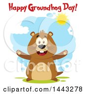 Poster, Art Print Of Flat Styled Happy Groundhog Mascot With Open Arms And Text On A Sunny Day