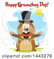 Poster, Art Print Of Flat Styled Happy Groundhog Mascot With Open Arms Wearing A Top Hat With Text On A Sunny Day