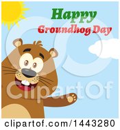 Poster, Art Print Of Flat Styled Happy Groundhog Mascot Presenting With Text On A Sunny Day