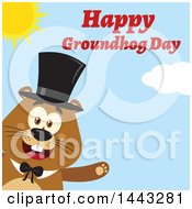 Poster, Art Print Of Flat Styled Happy Groundhog Mascot Presenting And Wearing A Top Hat With Text On A Sunny Day