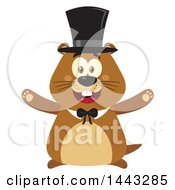 Flat Styled Happy Groundhog Mascot With Open Arms Wearing A Top Hat