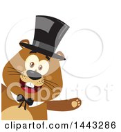 Flat Styled Happy Groundhog Mascot Presenting And Wearing A Top Hat