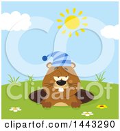 Flat Styled Sleepy Groundhog Mascot Wearing A Hat In A Hole On A Sunny Day