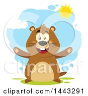 Flat Styled Happy Groundhog Mascot With Open Arms On A Sunny Day