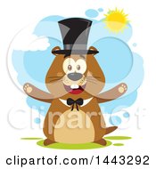 Poster, Art Print Of Flat Styled Happy Groundhog Mascot With Open Arms Wearing A Top Hat On A Sunny Day