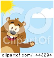 Clipart Of A Flat Styled Happy Groundhog Mascot Presenting On A Sunny Day Royalty Free Vector Illustration