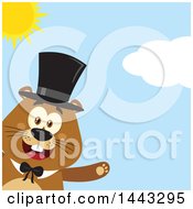 Poster, Art Print Of Flat Styled Happy Groundhog Mascot Presenting And Wearing A Top Hat On A Sunny Day