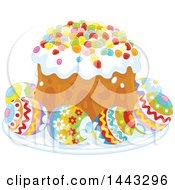 Clipart Of A Sweet Easter Cake Served With Decorated Eggs Royalty Free Vector Illustration