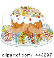 Clipart Of A Cartoon Easter Cake Served With Decorated Eggs Royalty Free Vector Illustration