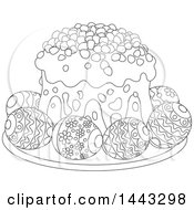 Clipart Of A Cartoon Black And White Lineart Easter Cake Served With Decorated Eggs Royalty Free Vector Illustration