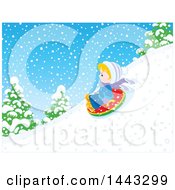 Poster, Art Print Of Little Blond White Boy Snow Tubing
