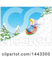 Cartoon Little Blond Caucasian Boy Snow Tubing