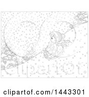 Poster, Art Print Of Cartoon Black And White Lineart Boy Snow Tubing