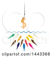 Clipart Of A Dollar Currency Symbol On A Hook Over Hungry Colorful Fish Royalty Free Vector Illustration