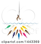 Poster, Art Print Of Worm On A Hook Over Hungry Colorful Fish