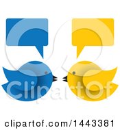 Poster, Art Print Of Blue And Yellow Birds Facing Each Other Under Speech Balloons