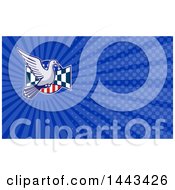 Poster, Art Print Of Bird And Checkered Flag Over An American Circle And Blue Rays Background Or Business Card Design