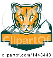 Poster, Art Print Of Retro Green Orange And White Puma Cougar Mountain Lion Face Over Mountains And A Blank Banner