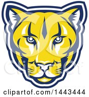 Poster, Art Print Of Retro Yellow Blue And White Puma Cougar Mountain Lion Face