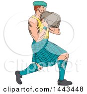 Sketched Drawing Styled Scotsman Athlete Wearing A Kilt Playing A Highland Weight Throwing Game