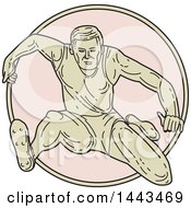 Clipart Of A Mono Line Styled Male Track And Field Athlete Running And Leaping Hurdles Royalty Free Vector Illustration by patrimonio