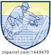 Clipart Of A Mono Line Styled Roofer Using A Drill Royalty Free Vector Illustration