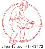 Poster, Art Print Of Mono Line Styled Red Lumberjack Or Arborist Holding A Chainsaw In A Circle