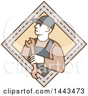 Poster, Art Print Of Mono Line Styled Mechanic Holding A Wrench In A Diamond