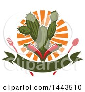 Clipart Of A Mexican Food Cactus Fork Spoon Sun Banner And Red Chili Peppers Design Royalty Free Vector Illustration