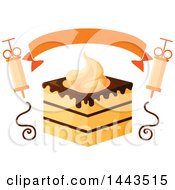 Clipart Of A Layered Cake With Chocolate And Whipped Cream A Banner And Chocolate Syringes Royalty Free Vector Illustration