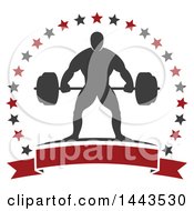 Poster, Art Print Of Silhouetted Strong Male Bodybuilder Holding A Barbell In A Frame Of Stars With A Blank Banner