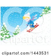 Poster, Art Print Of Blond White Boy Skiing Down A Snowy Hill