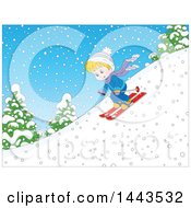 Poster, Art Print Of Cartoon Blond Caucasian Boy Skiing Down A Snowy Hill