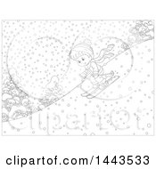 Poster, Art Print Of Cartoon Black And White Lineart Boy Skiing Down A Snowy Hill