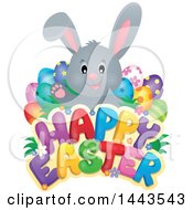 Gray Bunny Rabbit With Decorated Eggs Over Happy Easter Text