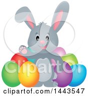 Poster, Art Print Of Gray Easter Bunny Rabbit Waving By Dyed Eggs