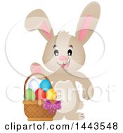 Poster, Art Print Of Beige Bunny Rabbit Waving By An Easter Basket